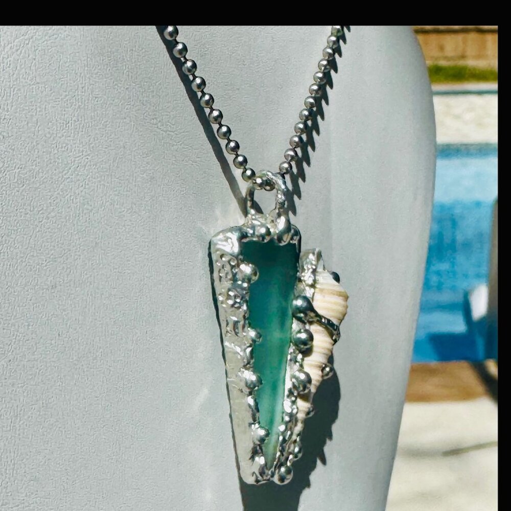 Sea Glass and Conch Pendant Encased with Intricate Artisan Boho Style Metalwork - Picture 5 of 14